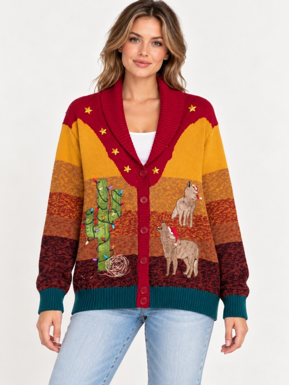 Blizzard Bay Western Christmas Cardigan Cactus Coyote Lights Sweater L
